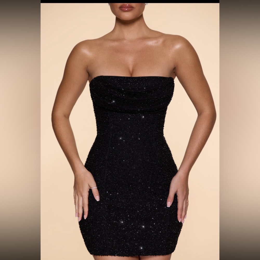 Oh Polly  Embellished Strapless Cowl Neck Mini Dress in Black Size 4